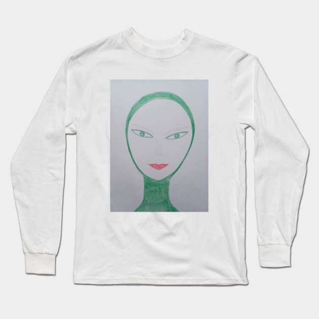 Green Eyed Lady Unique Portrait Art Long Sleeve T-Shirt by Unique Black White Colorful Abstract Art